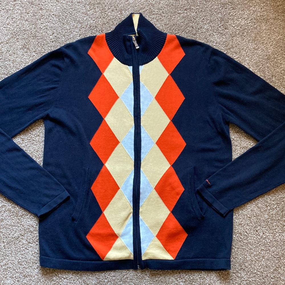 Ben Sherman Navy and Orange Argyle Zip Up Sweater